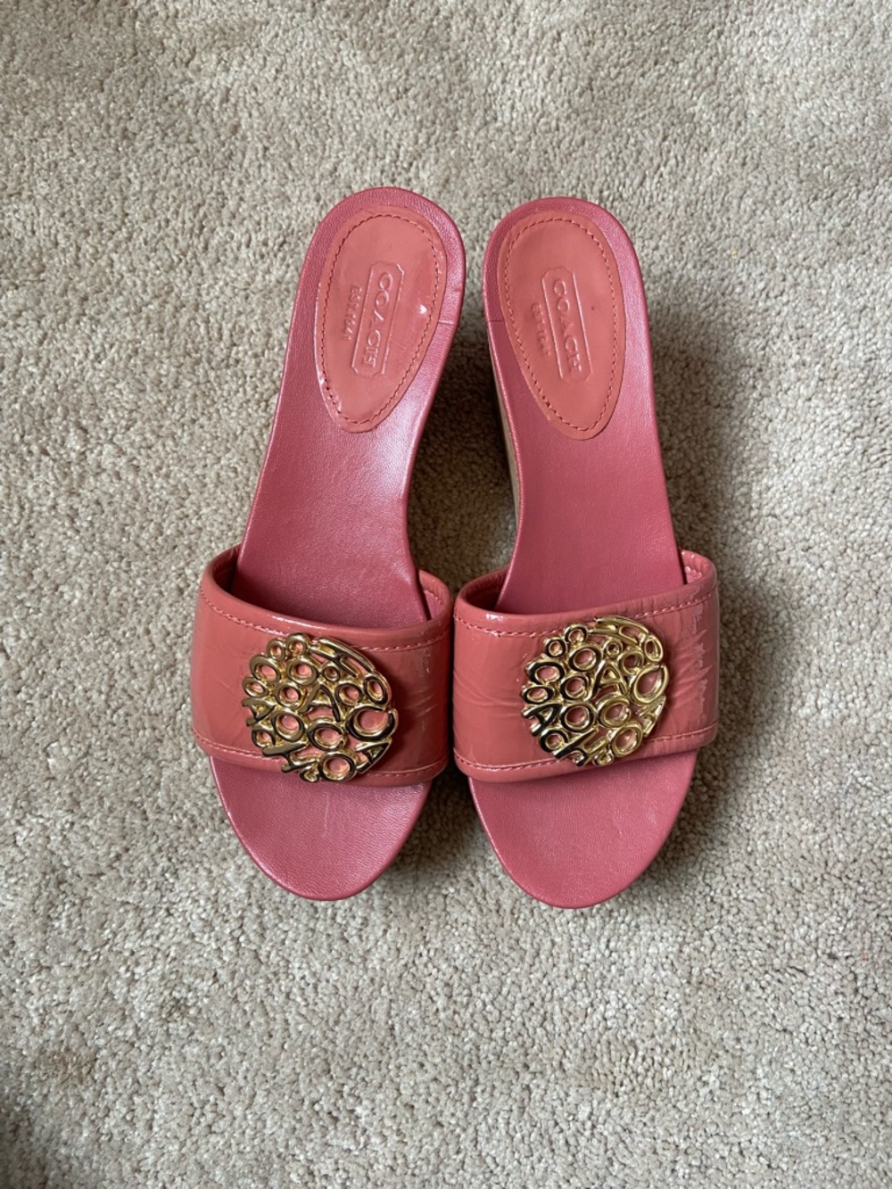 Coach Coral Pink Slide Sandals with Gold Emblem - Picture 2 of 7